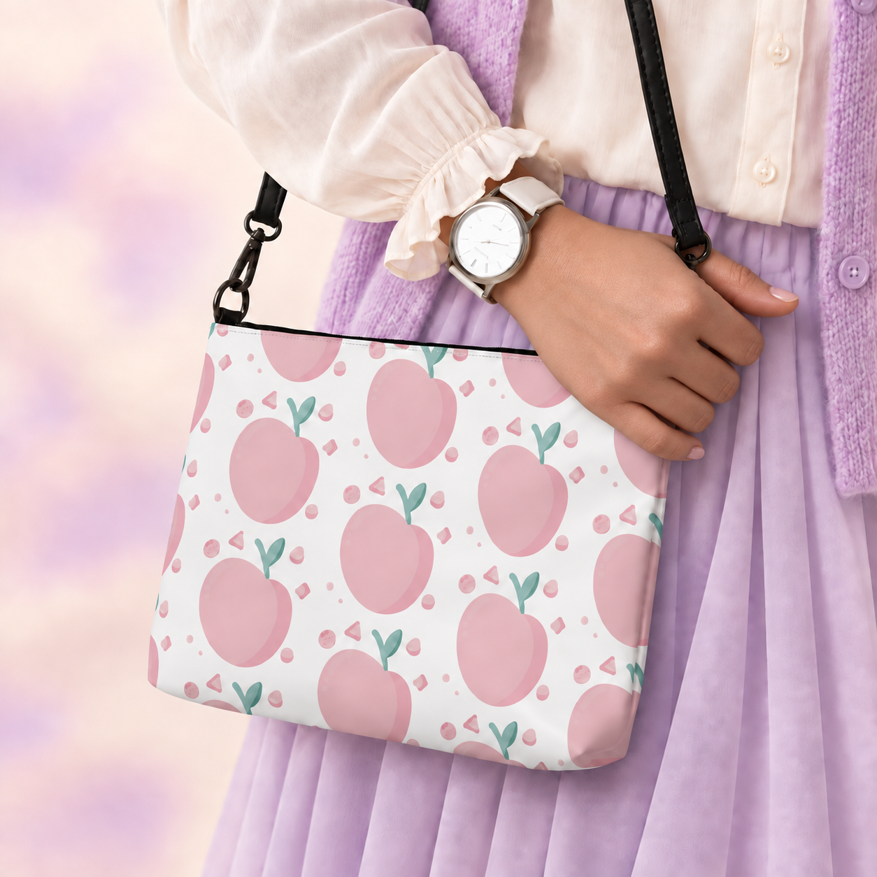 Peachy Joy Crossbody Bag close-up with cream and lavender kawaii styling