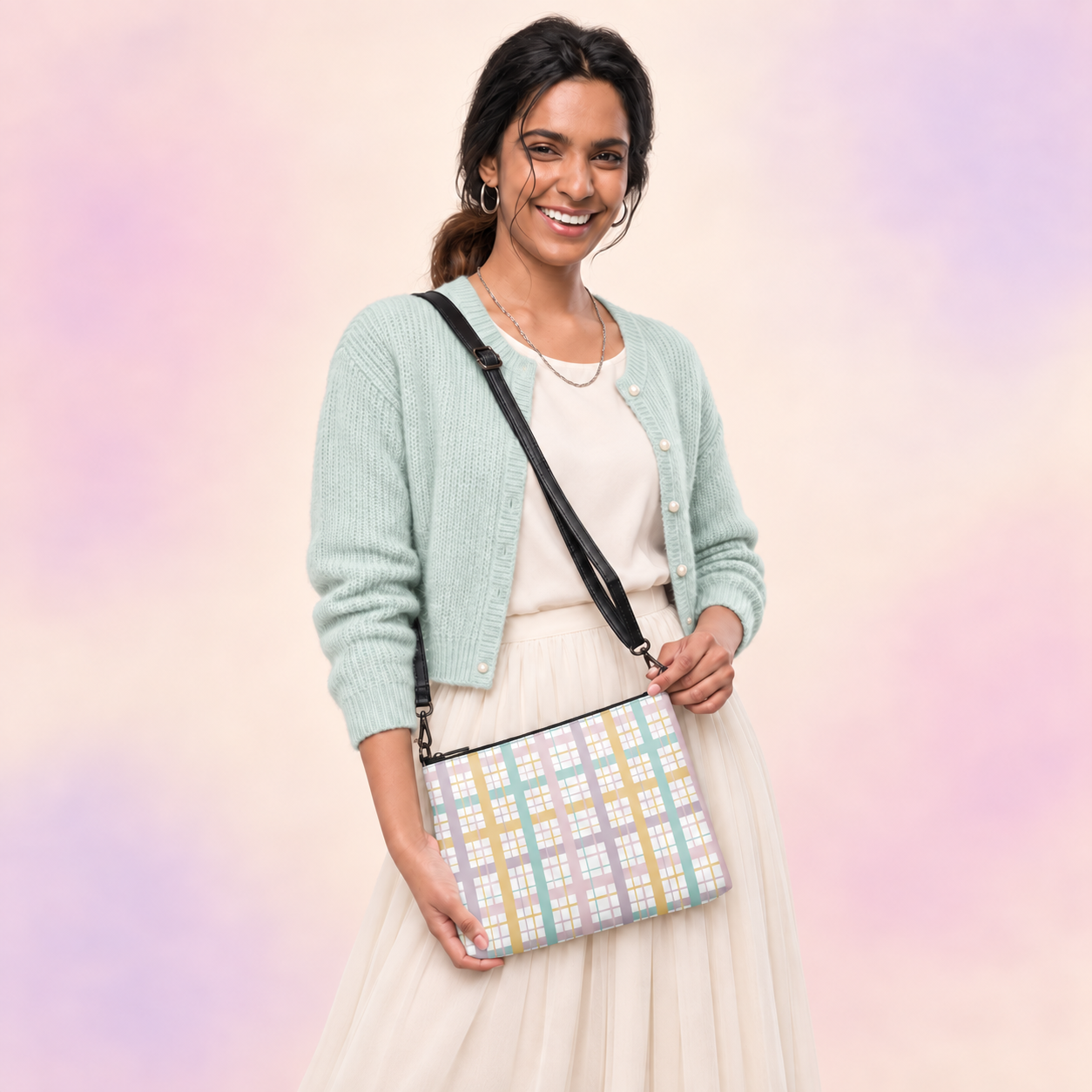 Pastel plaid crossbody bag worn with a mint cardigan and cream skirt