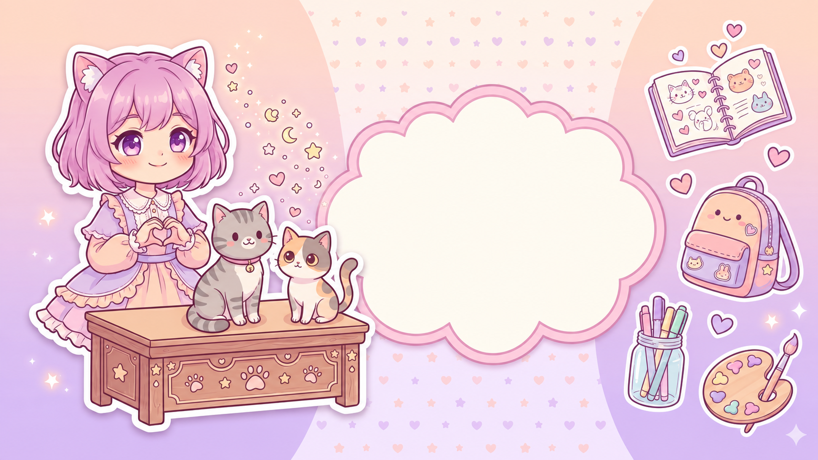Pastel illustration of Wendy with two cats, notebooks and a backpack